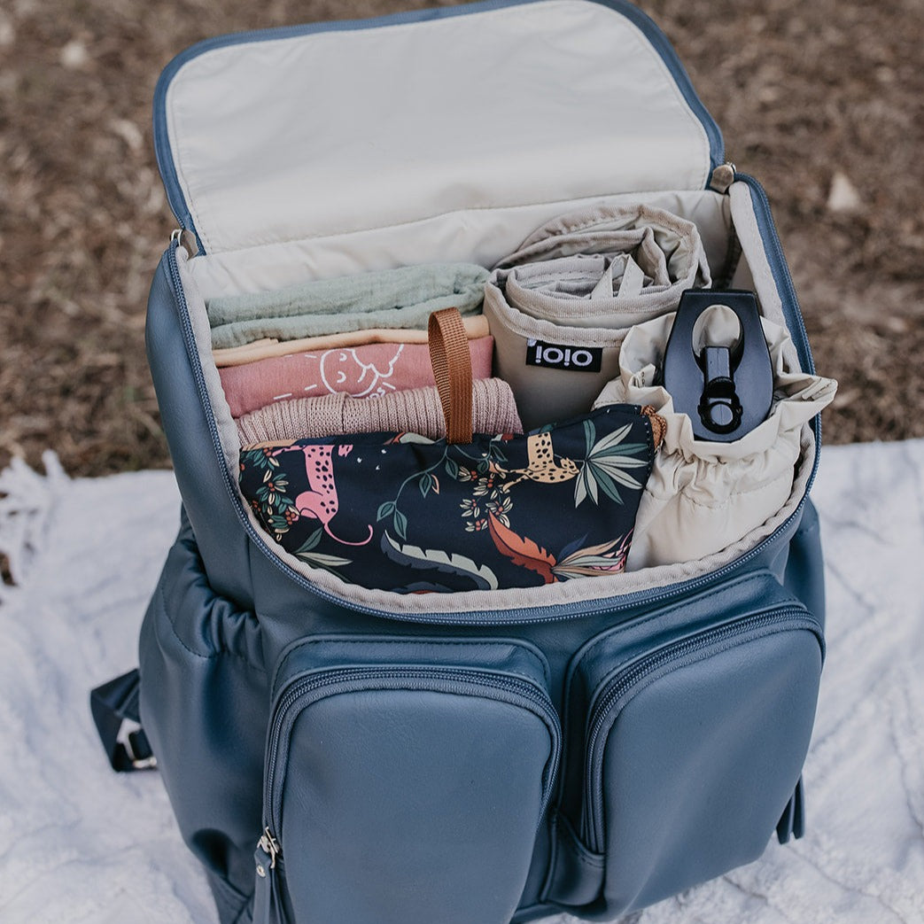 Faux Leather Diaper Backpack - Stone Blue