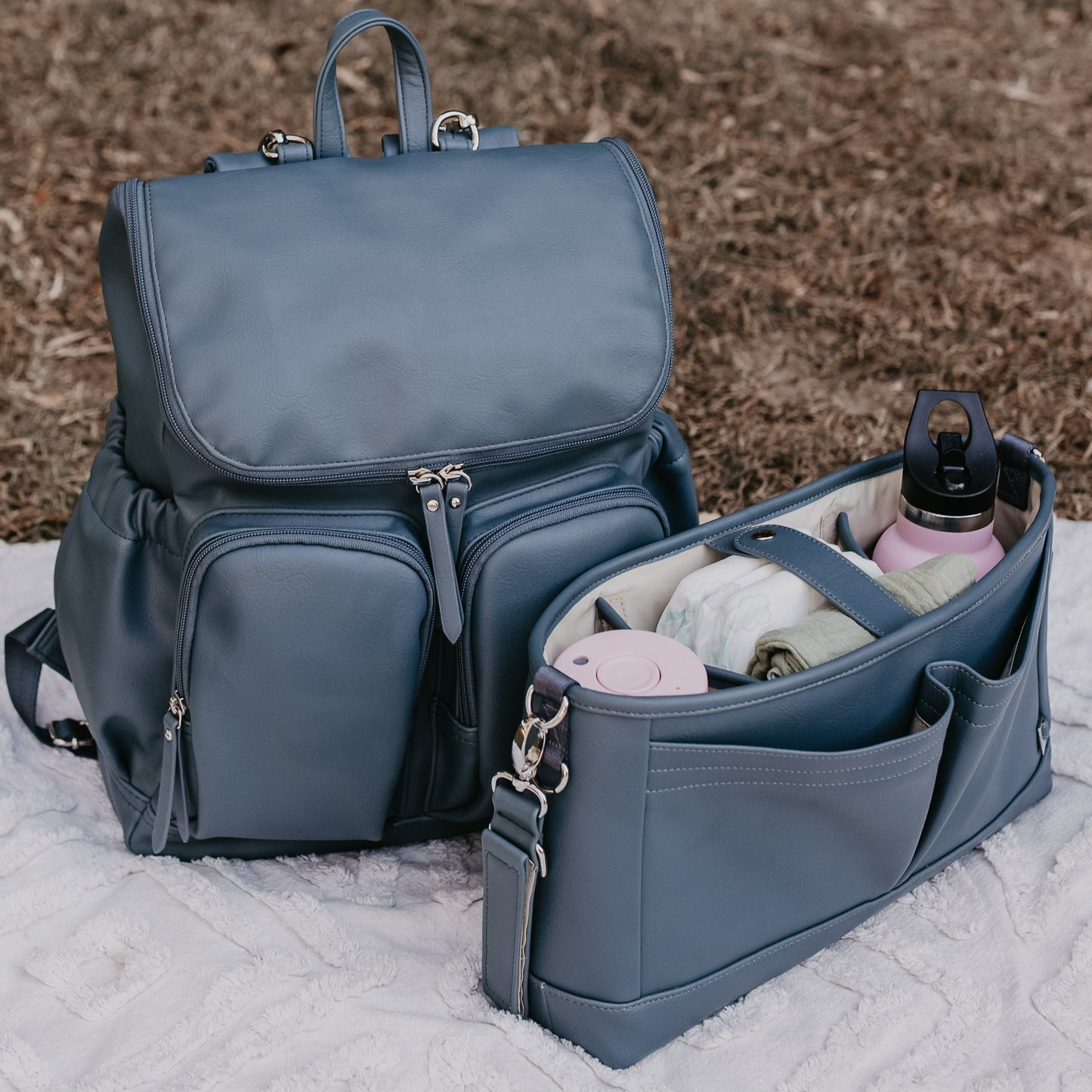 Faux Leather Diaper Backpack - Stone Blue