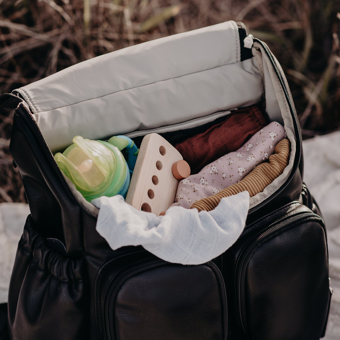 Faux Leather Diaper Backpack - Black