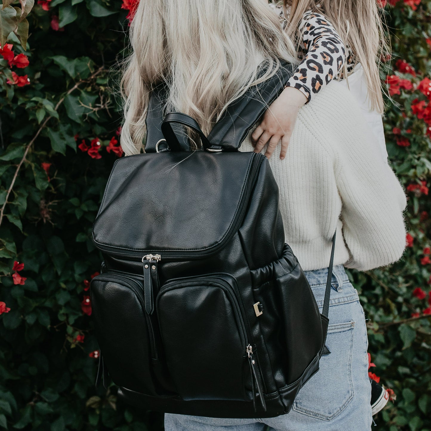 Faux Leather Diaper Backpack - Black