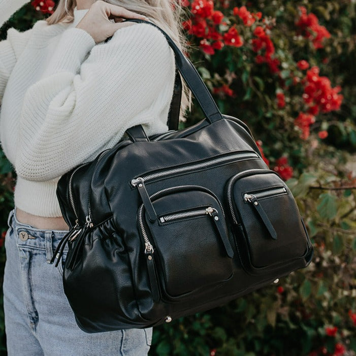 Faux Leather Carry All Diaper Bag - Black