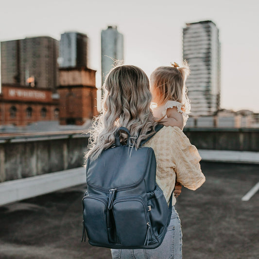 Faux Leather Diaper Backpack - Stone Blue