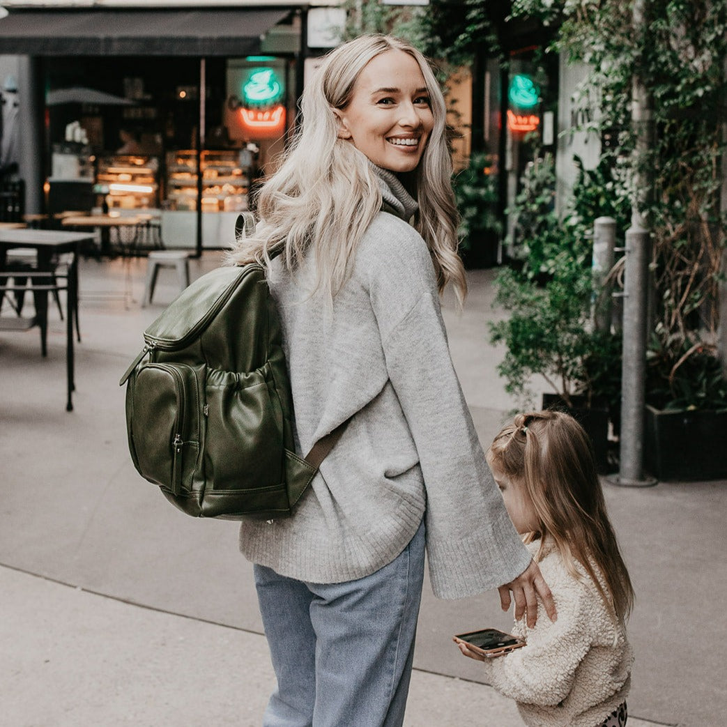Faux Leather Diaper Backpack - Olive