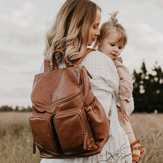 Faux Leather Diaper Backpack - Tan