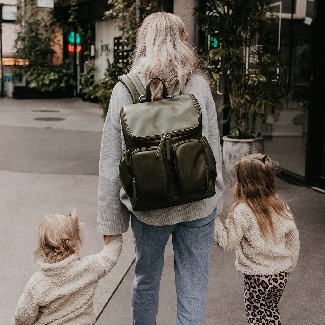 Faux Leather Diaper Backpack - Olive
