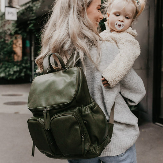 Faux Leather Diaper Backpack - Olive