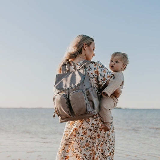 Faux Leather Diaper Backpack - Taupe