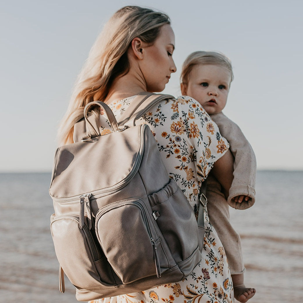 Faux Leather Diaper Backpack - Taupe