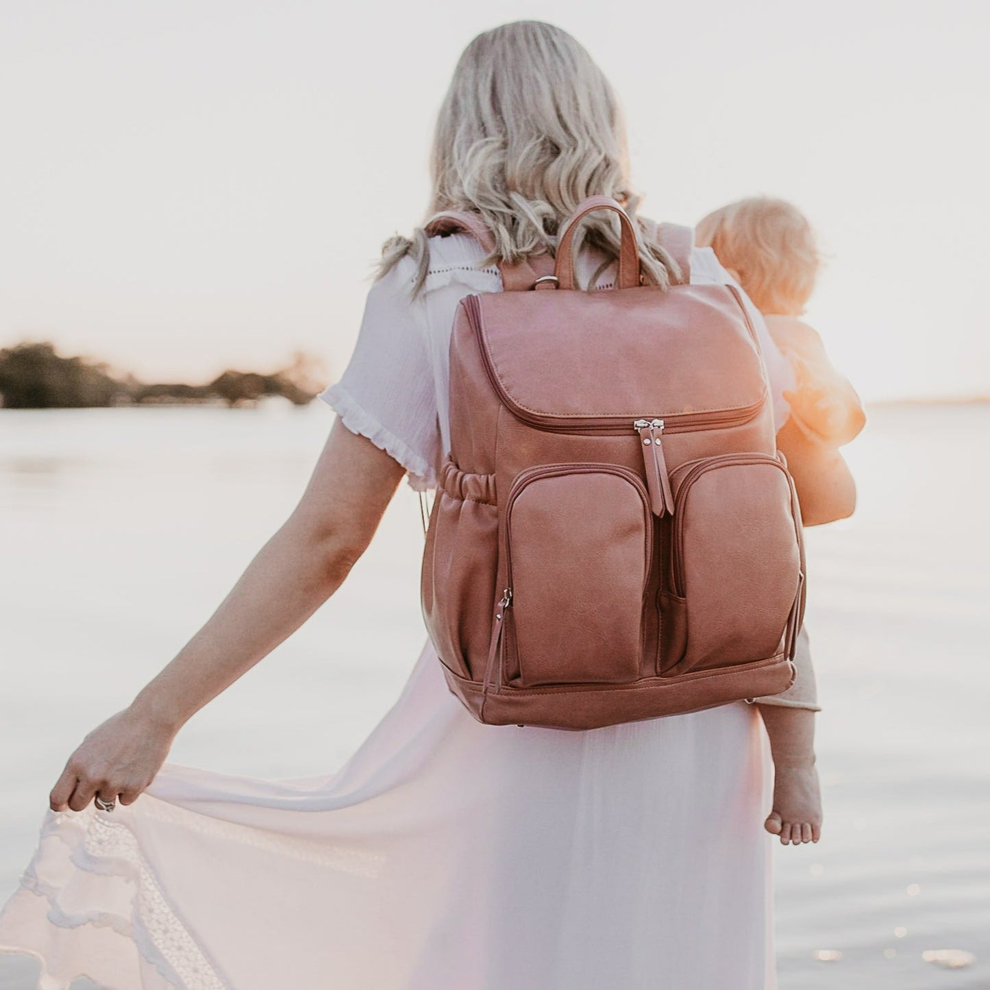 Faux Leather Diaper Backpack - Dusty Rose