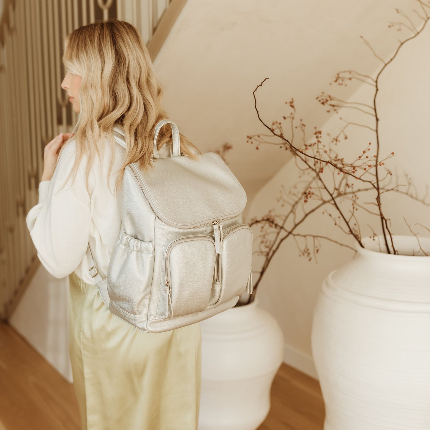 Dimple Faux Leather Diaper Backpack - Metallic