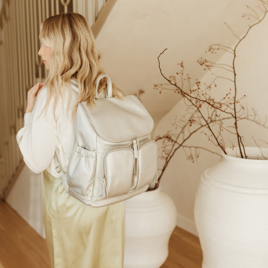 Signature Diaper Backpack - Metallic Silver Dimple Vegan Leather