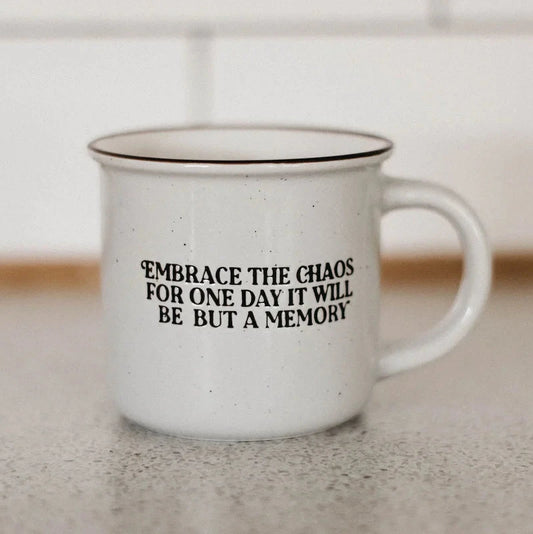 EMBRACE THE CHAOS Speckle Mug