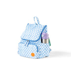 Blue checkered backpack with a water bottle on a white background