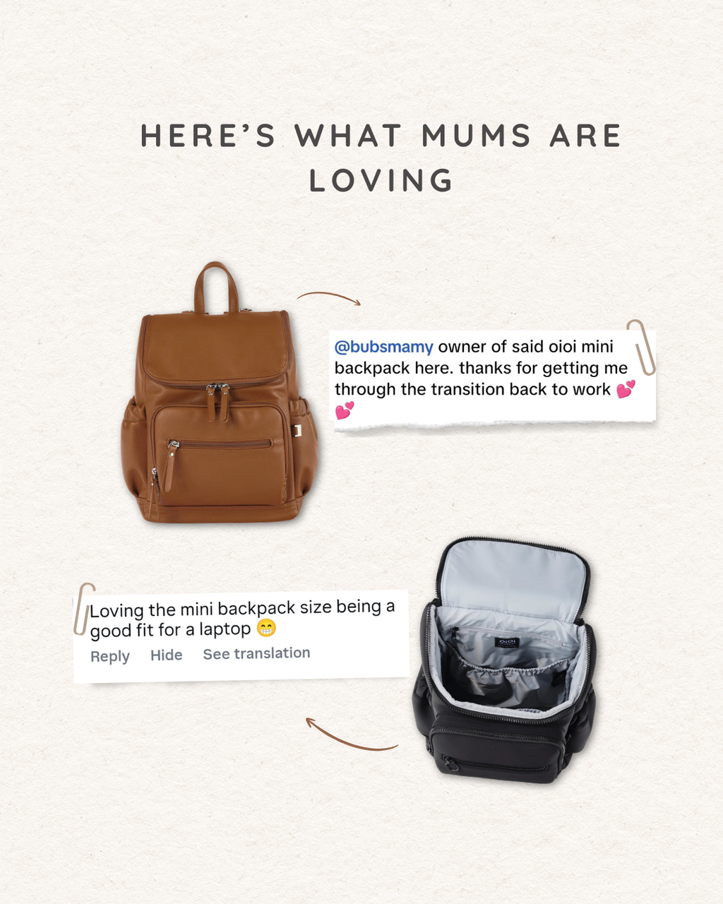 Brown backpack with open compartment on a white background, featuring text about mommies loving the product.