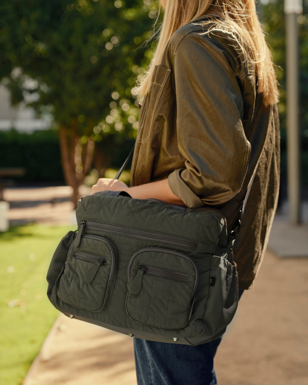 Carry All Bag - Olive Houndstooth Quilted Nylon