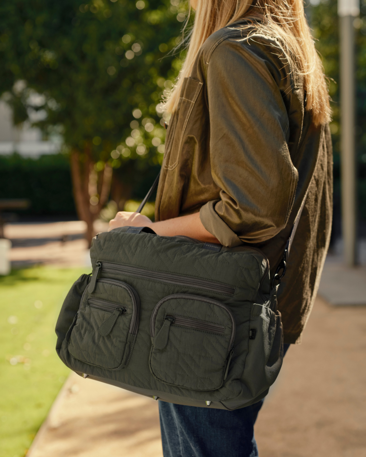 Carry All Bag - Olive Houndstooth Quilted Nylon