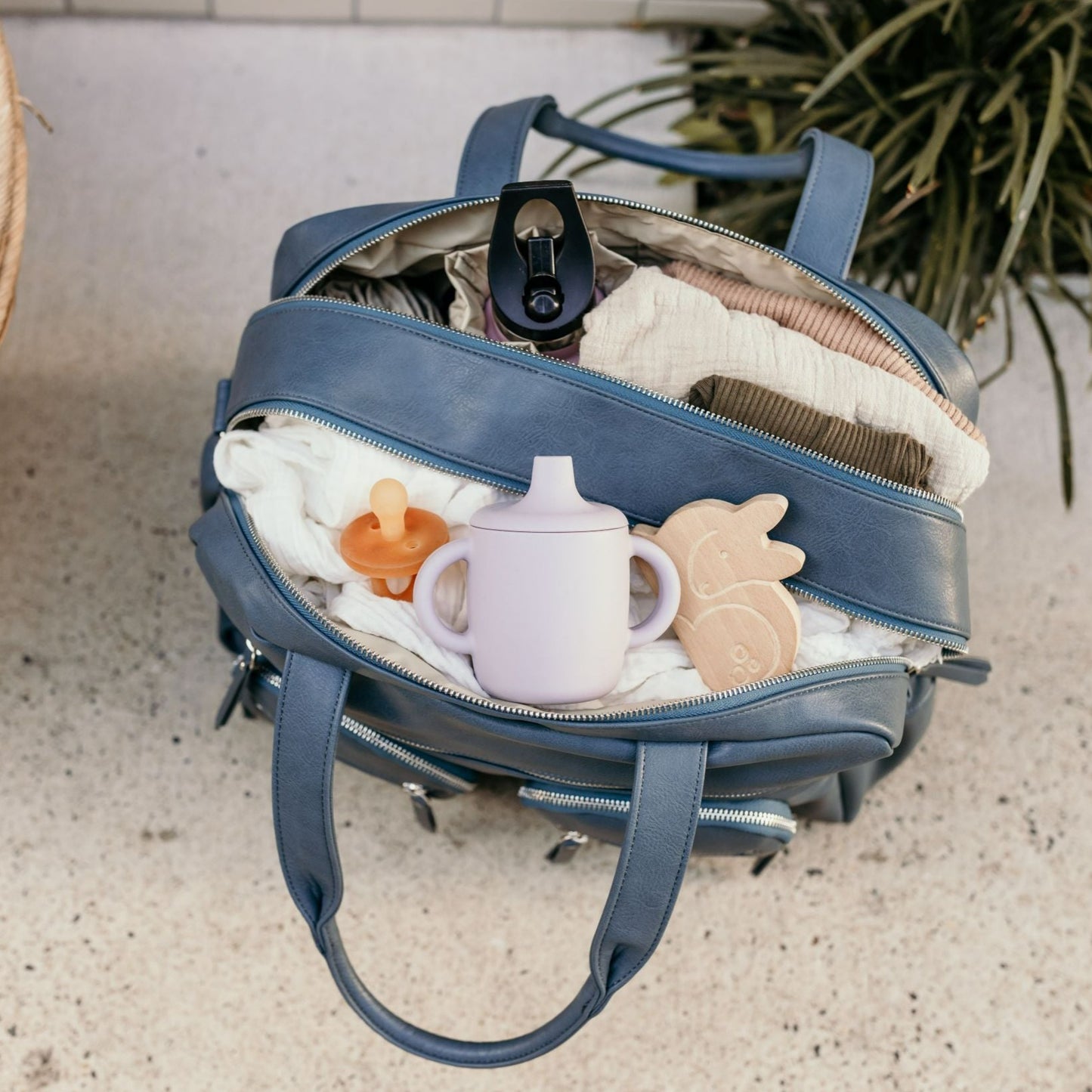 Faux Leather Carry All Diaper Bag - Stone Blue