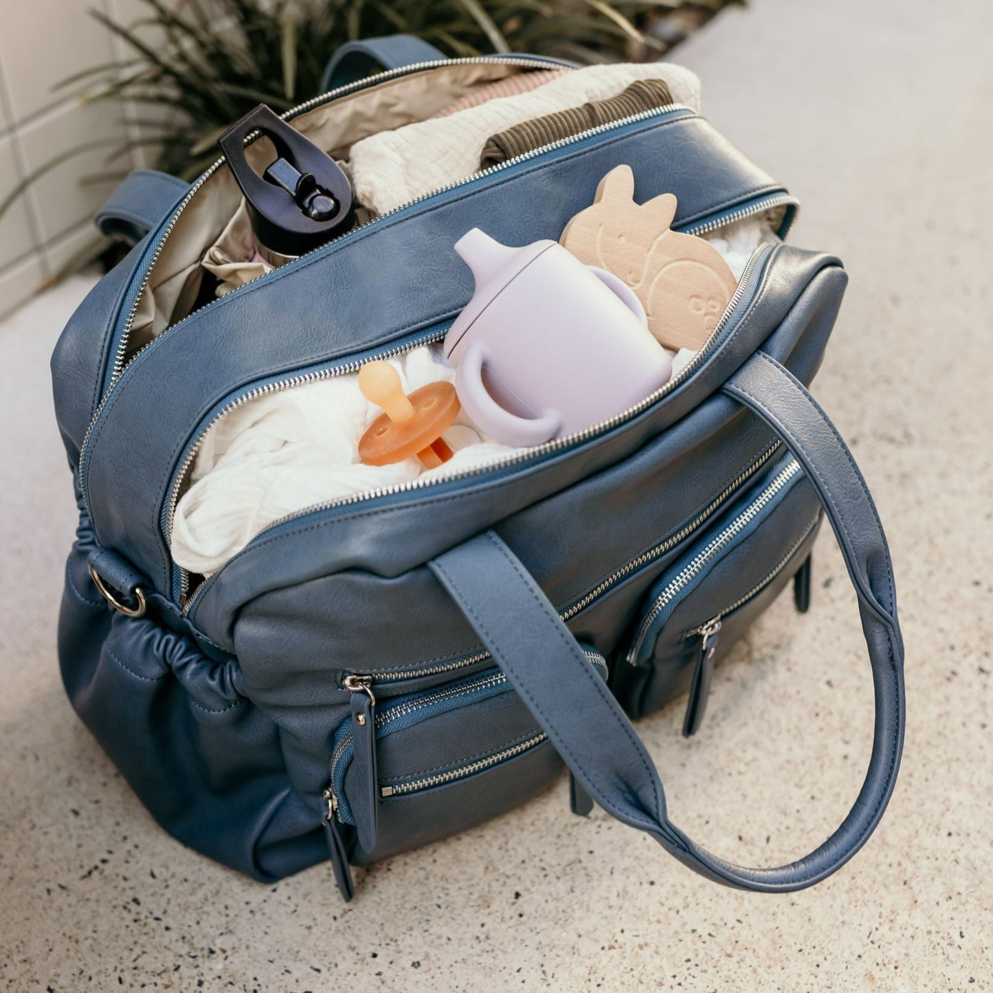 Carry All Diaper Bag - Stone Blue Vegan Leather