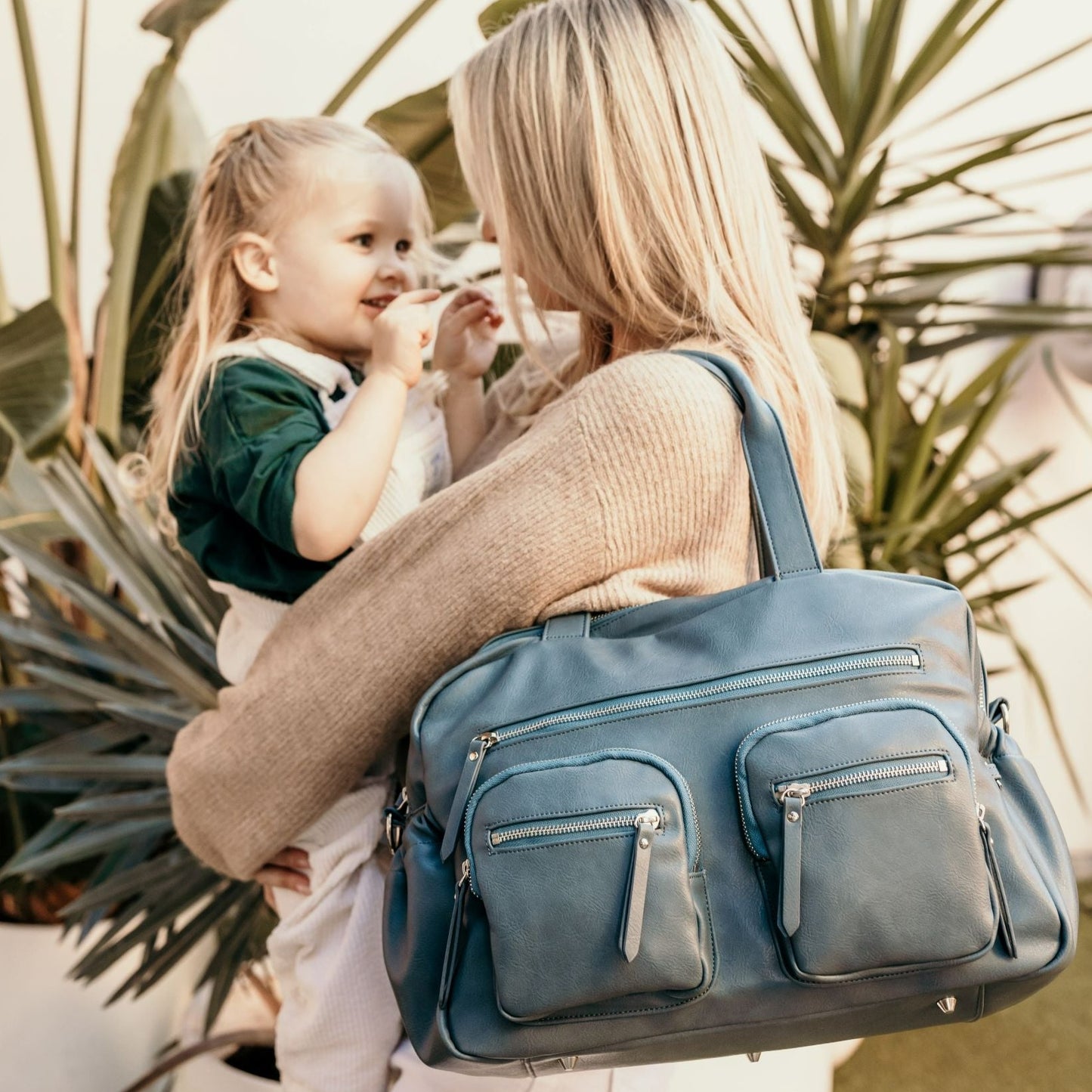 Faux Leather Carry All Diaper Bag - Stone Blue