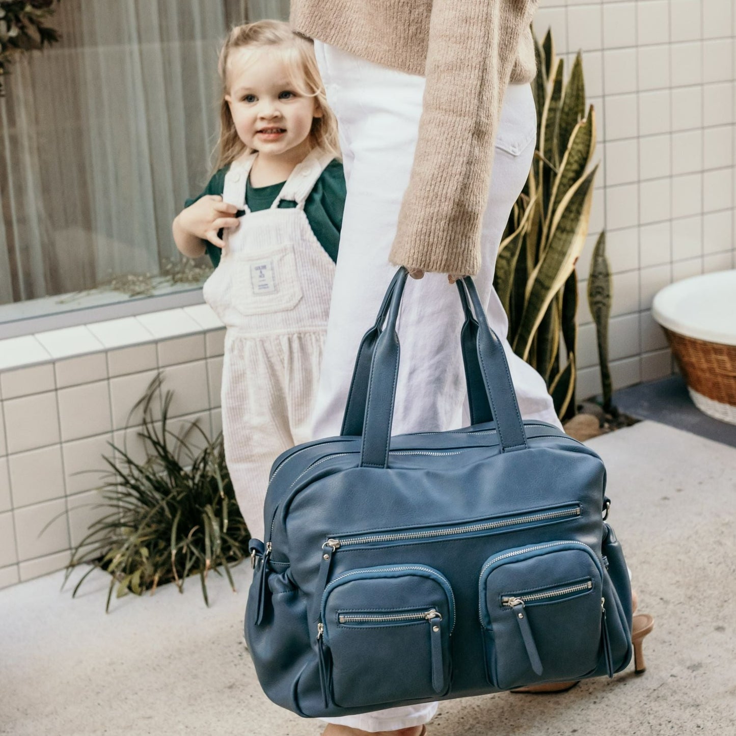 Carry All Diaper Bag - Stone Blue Vegan Leather