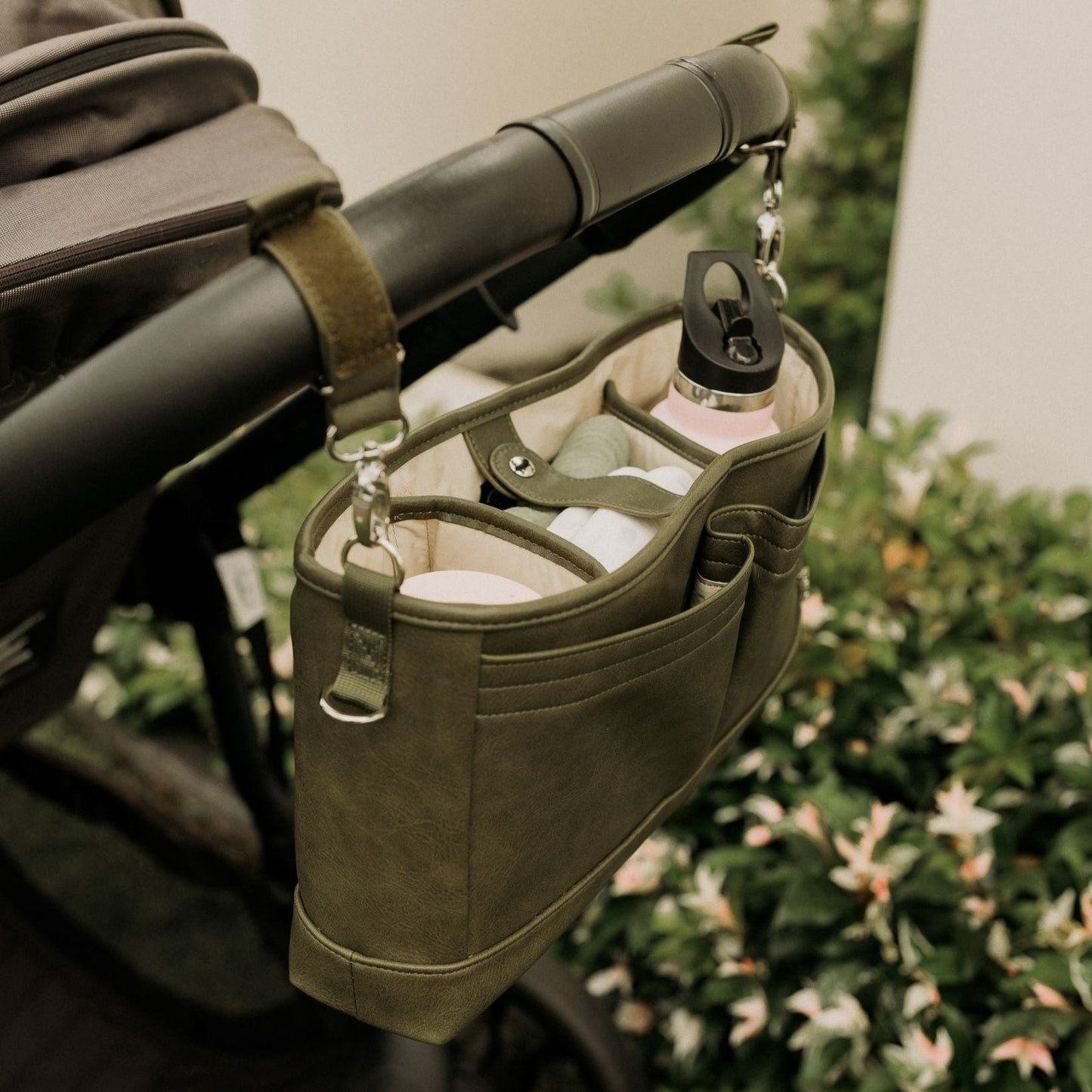 Signature Stroller and Pram Organiser/Caddy - Olive Vegan Leather