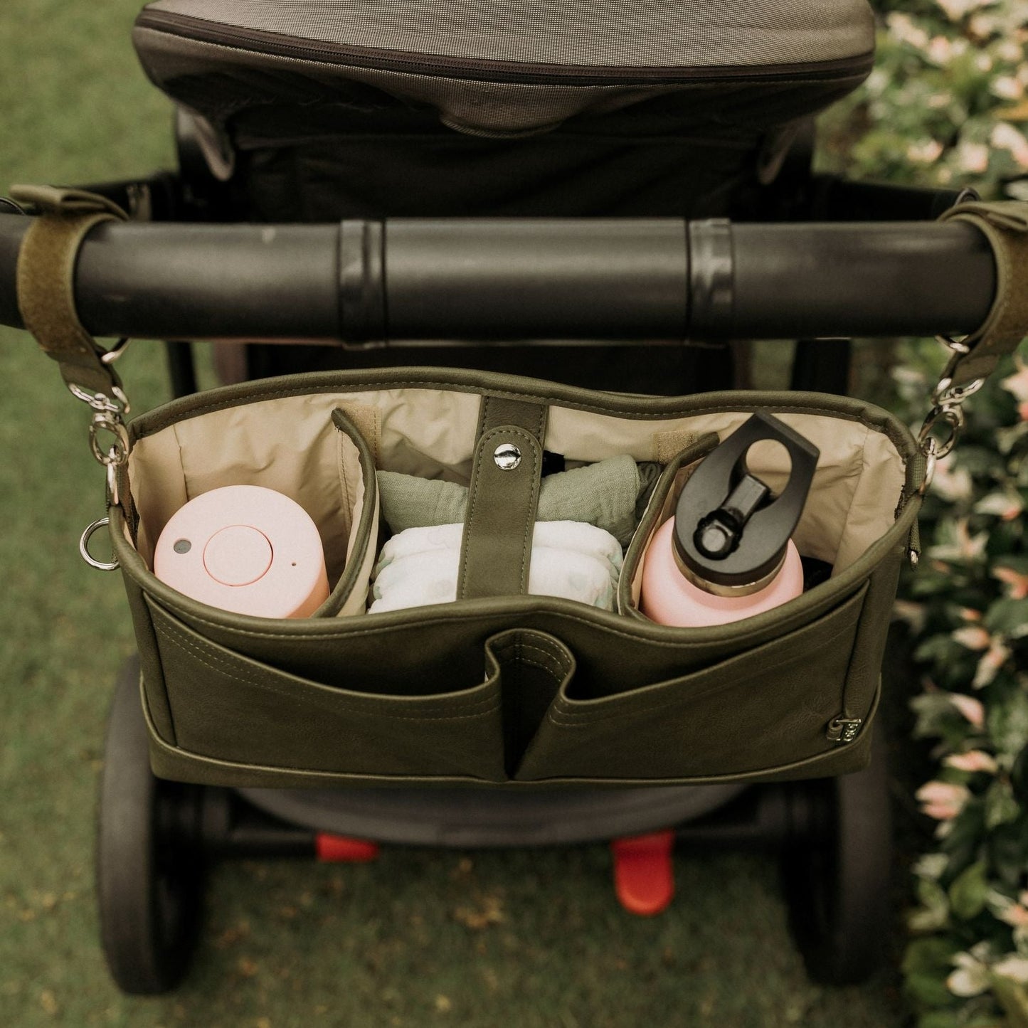 Signature Stroller and Pram Organiser/Caddy - Olive Vegan Leather