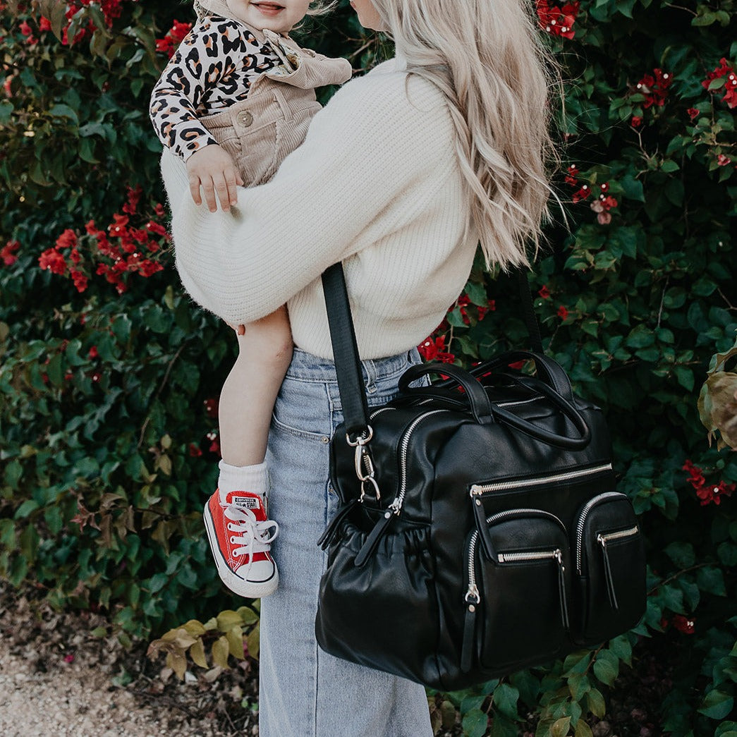 Faux Leather Carry All Diaper Bag - Black