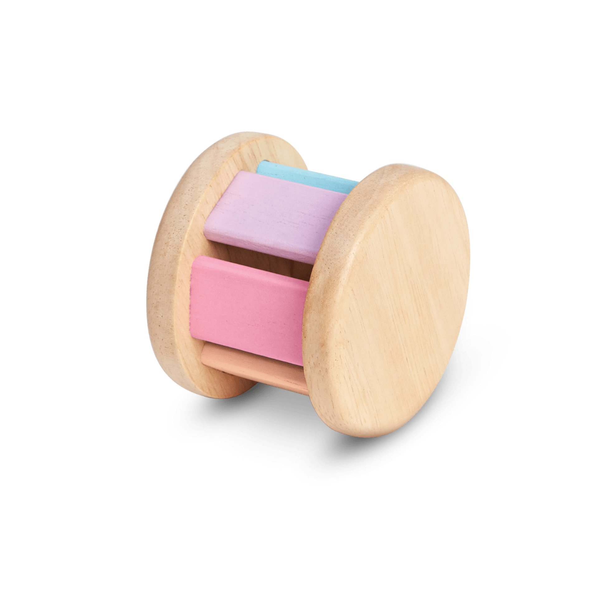 This toy creates sounds when rolled. Stimulates sight and sound.