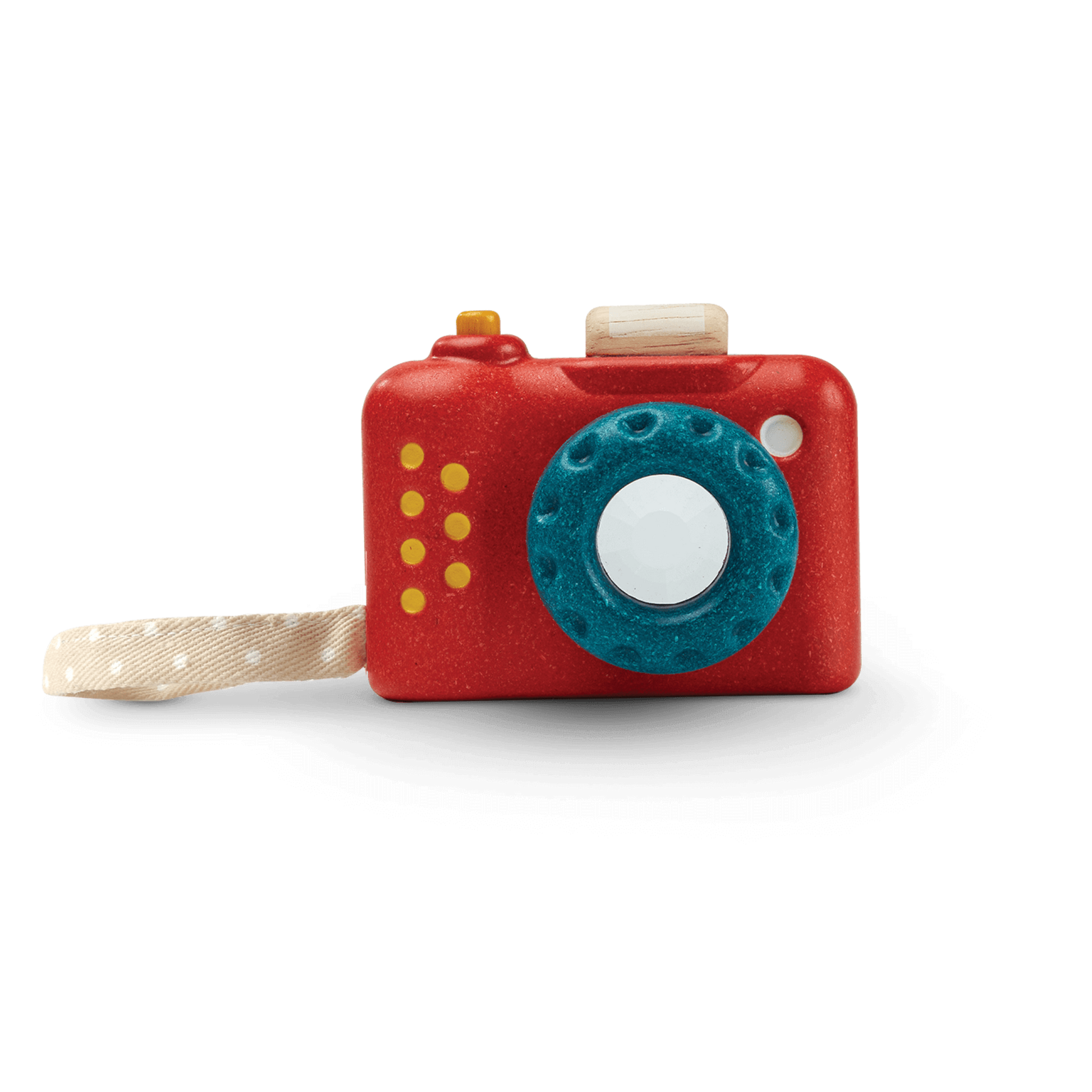 The My First Camera is crafted with PlanWood(TM) a PlanToys material made from surplus sawdust that results in a more flexible water-resistant wood and is pigmented with water-based and natural dyes that are free from harmful chemicals.