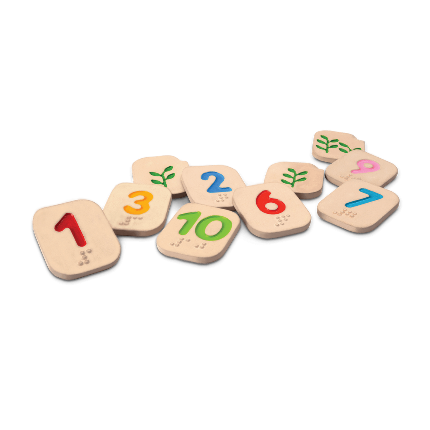 This 10-piece wooden tile set makes learning numbers in Braille as easy as 1-2-3! The vibrantly colored set features numbers 1-10 and the corresponding Braille cells. The other side features impressed leaf illustrations to help children count.