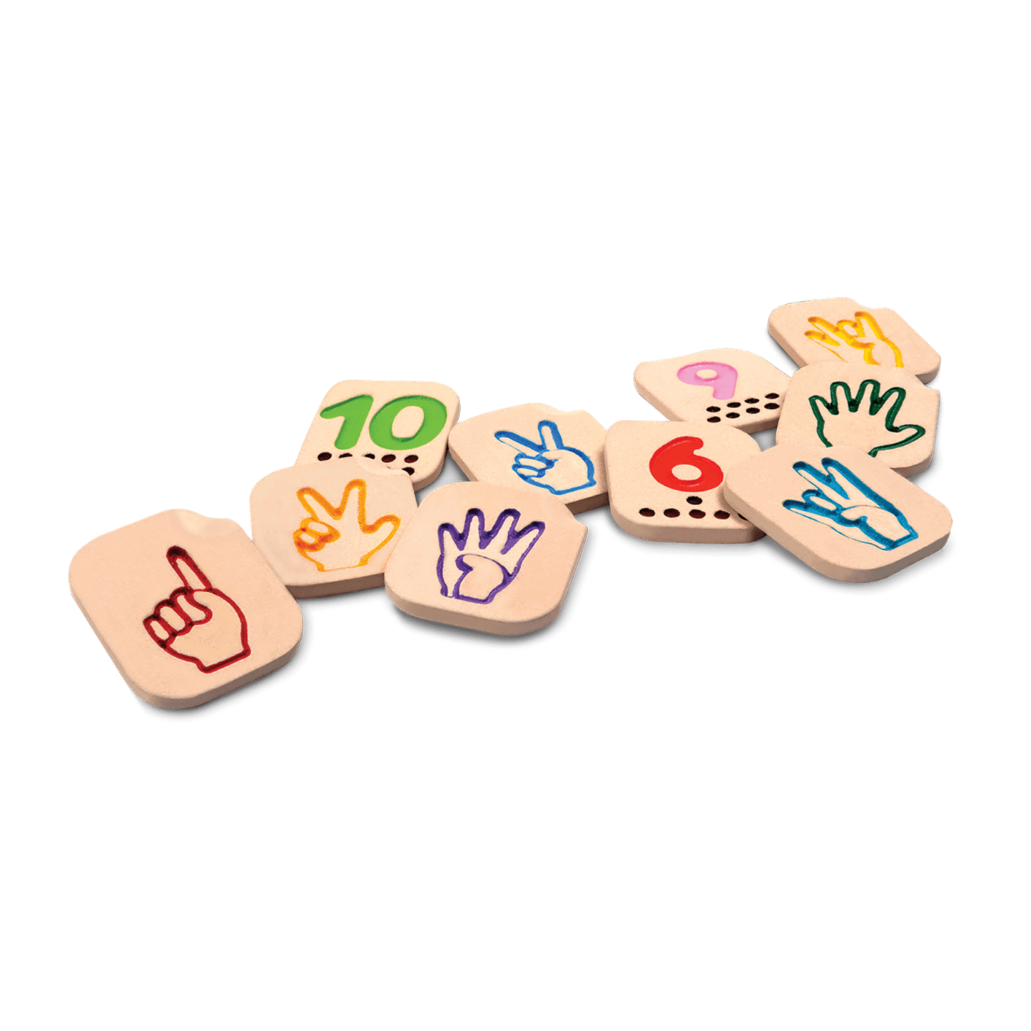 The 10-piece set features impressed numbers, counting dots, and American Sign Language illustrations that help children learn numbers in various ways.