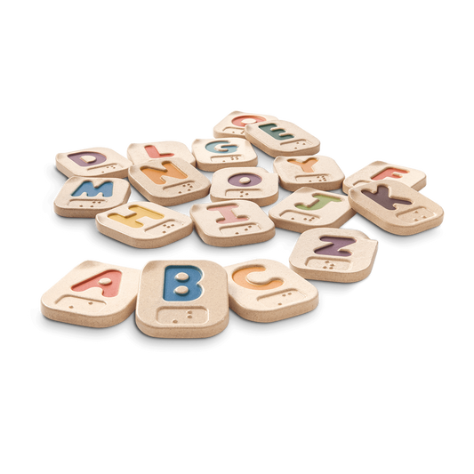 This 26 pieces Braille Alphabet set can be played 2 sided, one upper case, another one lower case. Each piece has a Braille symbol that represents each letter in the alphabet.