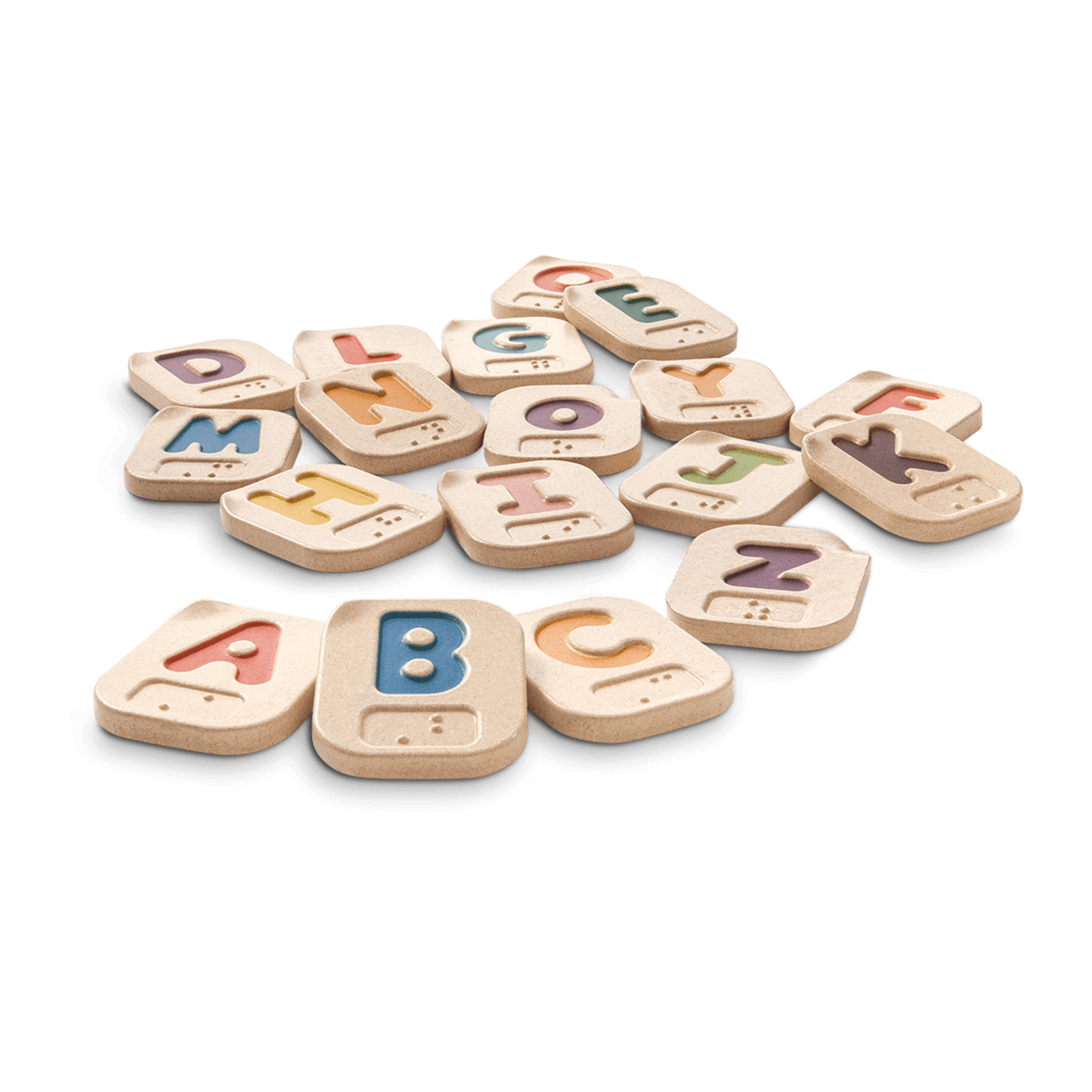 This 26 pieces Braille Alphabet set can be played 2 sided, one upper case, another one lower case. Each piece has a Braille symbol that represents each letter in the alphabet.