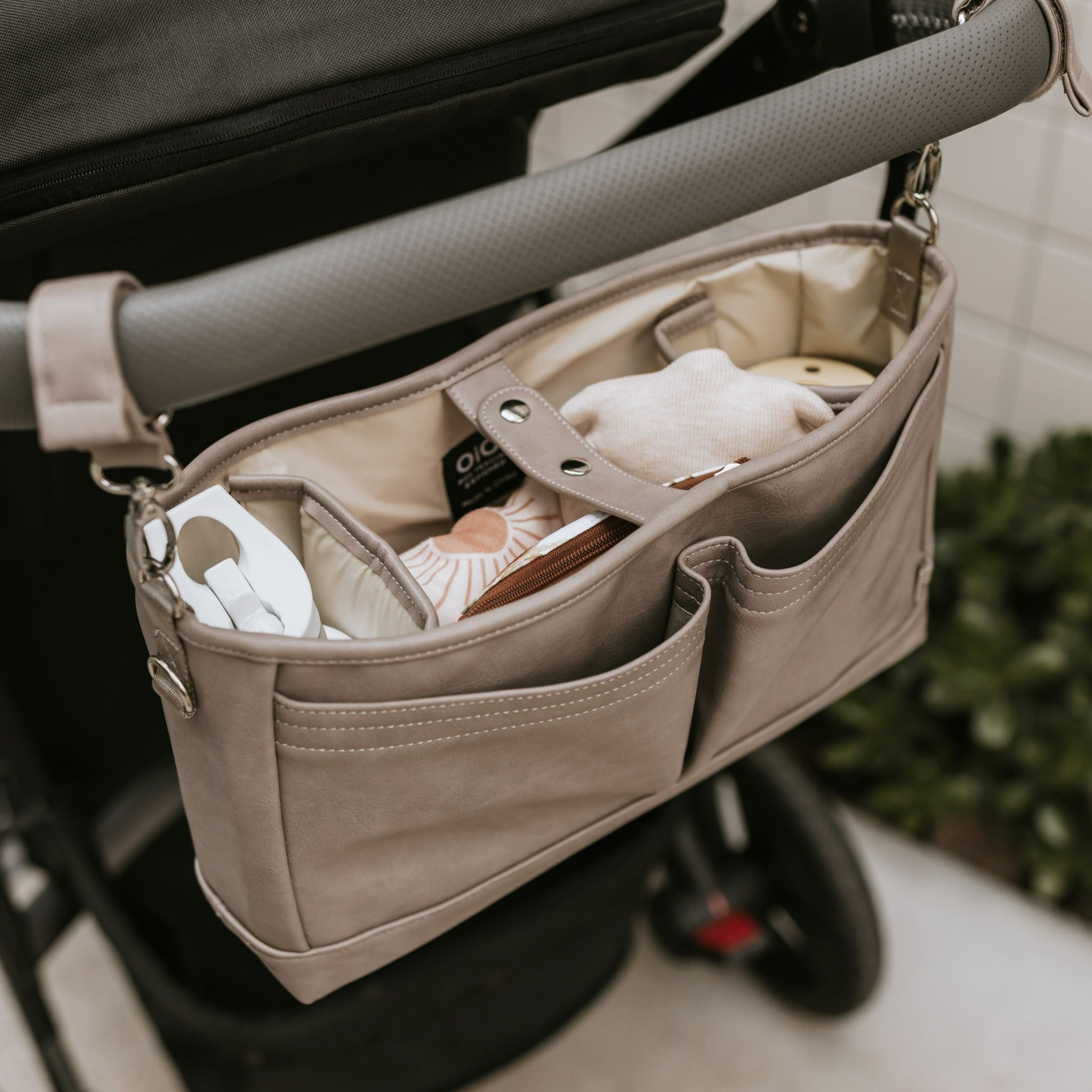 Signature Stroller and Pram Organiser/Caddy - Taupe Vegan Leather